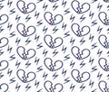 Seamless vector pattern with broken hearts and thunderbolts . Glitch image effect. Repeat elements background on white.